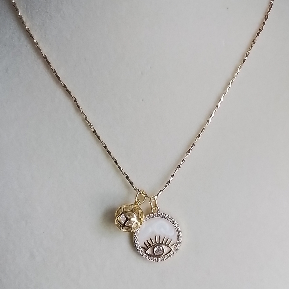 Gold Evil Eye With CZ Sphere Pendant Necklace - Picture 2 of 6